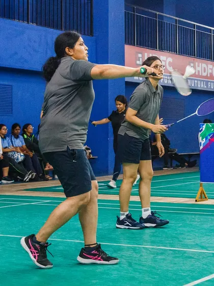 A women's doubles match during the HPCL All India Inter-Unit Sports event. Our tournaments are inclusive, with categories and events for employees of all skill levels and genders.
