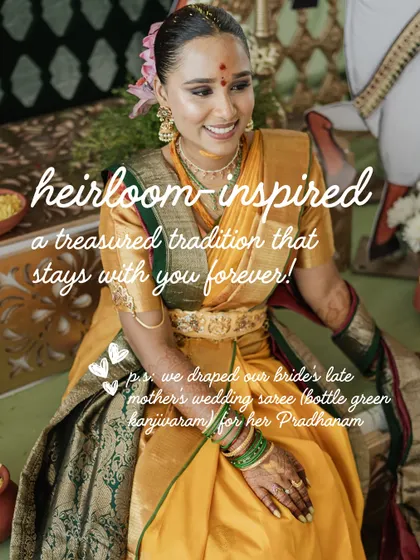 An heirloom-inspired look for our bride Manisha. We draped her late mother's bottle green Kanjeevaram for her Pradhanam ceremony, a treasured tradition that will stay with her forever.
