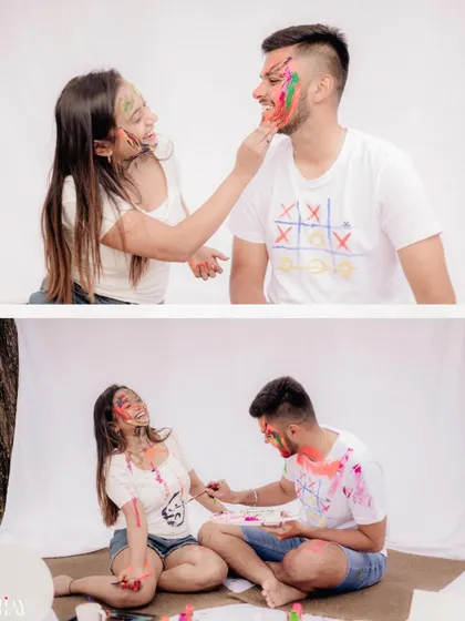 A diptych showing the "before and after" of their playful paint fight.
