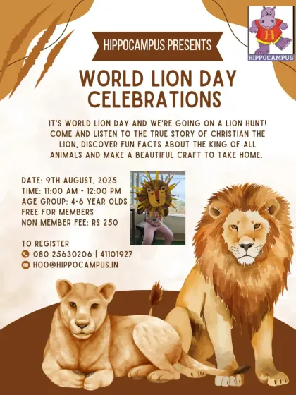 It's World Lion Day! This poster invites kids to come learn about the king of all animals through the true story of Christian the Hugging Lion, followed by a super cute craft.