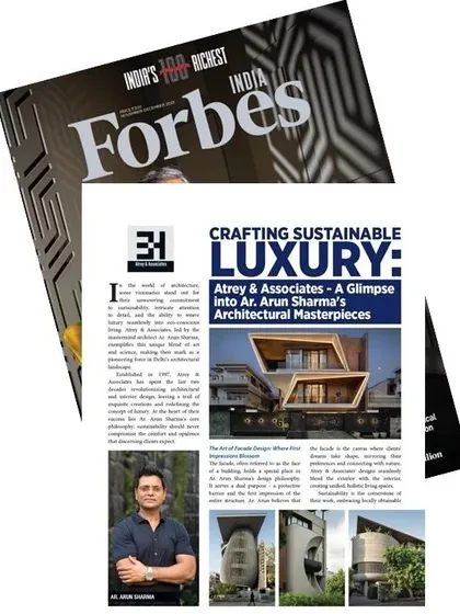 The cover page of the Forbes India article, "Crafting Sustainable Luxury: A Glimpse into Ar. Arun Sharma's Architectural Masterpieces." It showcases several of my projects where design and sustainability are seamlessly integrated.
