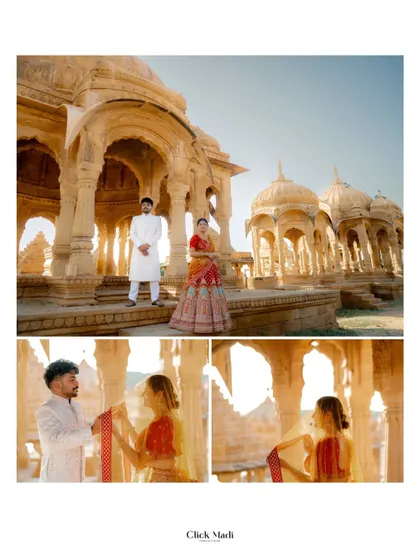 A mix of a grand portrait and intimate moments, this collage shows the couple against a stunning architectural backdrop and a tender moment with the bride's veil.