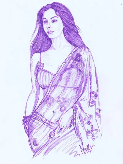 An early experiment with color pencil. This piece shows my initial explorations into combining line work with color to create a full-figure illustration.