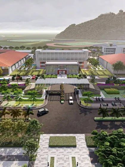 This render provides a comprehensive overview of the UNACCO School campus entrance and academic blocks, illustrating our vision for a grand, organized, and welcoming institutional environment.
