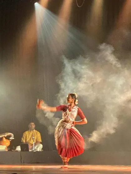 A moment from the "Sharad" performance, where the stage lighting and smoke effects create a mystical atmosphere. I work closely with lighting designers to enhance the mood of my choreographic works.