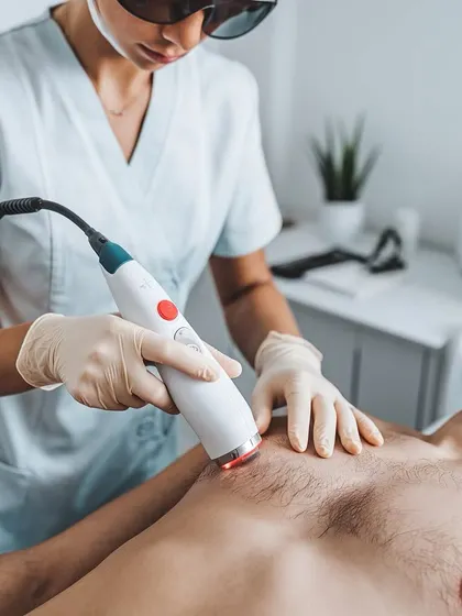Laser hair reduction is an effective treatment for men as well. Here, a treatment is being performed on the chest to permanently reduce hair density for a smoother, cleaner look.
