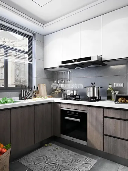 A practical and stylish L-shaped kitchen with two-tone cabinets in dark wood grain and glossy white. The design is perfect for everyday use, with ample counter space and natural light from the window.