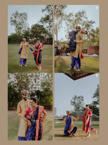 A fun and playful four-panel collage of a couple in traditional Maharashtrian attire, laughing, dancing, and even the groom lifting the bride, showcasing their friendship and joy.