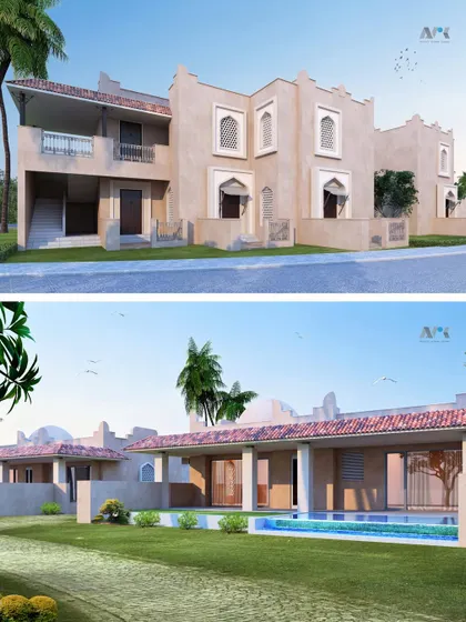 These renderings show the architectural concept for the independent suites at our resort project in the Little Rann of Kutch. The design incorporates traditional forms and private outdoor spaces, including plunge pools, to offer guests a luxurious and secluded retreat.