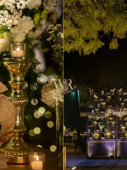 A collage showing a close-up of a gold candelabra and a wider view of the custom bar. This illustrates how I carry a design language, in this case, the use of gold and light, across different areas of an event.