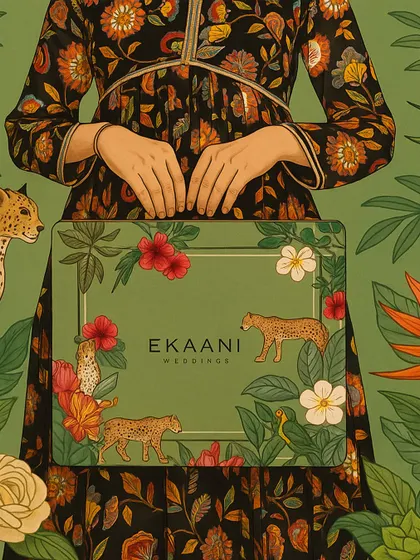 This illustration captures the essence of the Tales of Tropic collection. A woman in a floral dress holds a gift box, surrounded by the lush greenery and wildlife that define this vibrant and exotic theme.