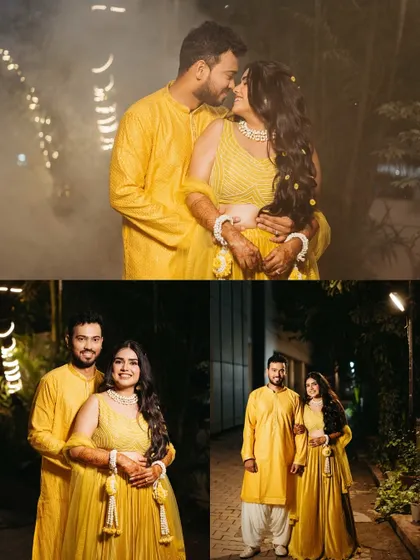 A collage of nighttime portraits from the haldi ceremony. The warm lighting and intimate poses create a romantic and cozy atmosphere.