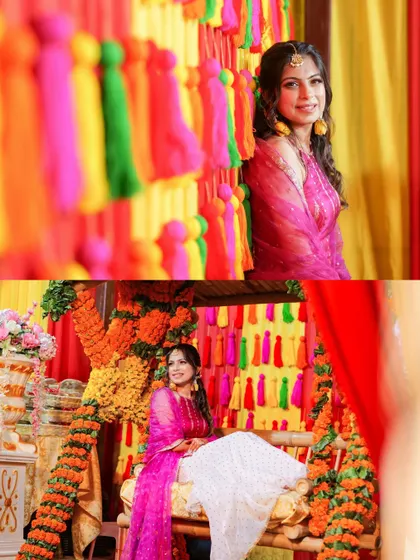 This collage captures the bride amidst the vibrant decor of her Mehendi function. The colorful tassels and marigold garlands create a perfect setting for these happy bridal portraits.