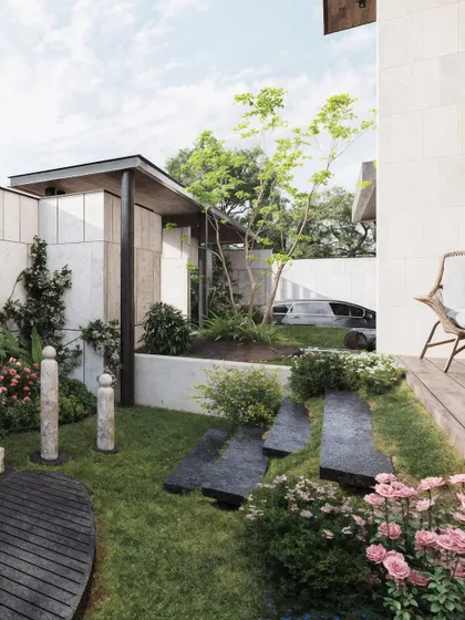 This image showcases a zen-inspired garden space. The visualization details the irregular stone pathway, wooden deck elements, and carefully placed sculptures, highlighting my ability to render curated and artistic landscape designs.