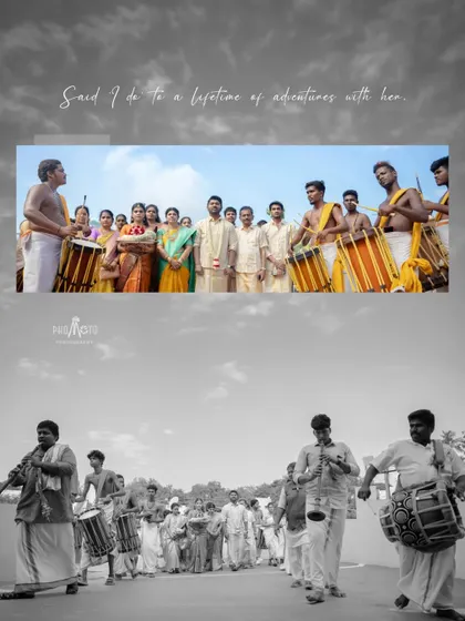 A collage capturing the energy of the wedding procession with traditional drummers and happy guests.
