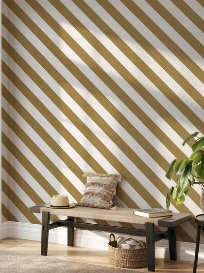 This entryway features our Pantone Lineament wallpaper, a bold and modern design. The diagonal stripes create a sense of energy and movement, making a strong visual impact.