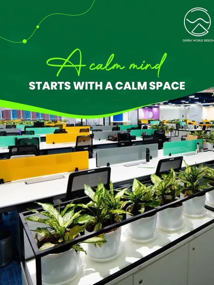 A calm mind starts with a calm space. This image from one of our corporate projects illustrates how the simple, repetitive placement of plants can bring a sense of order and tranquility to a busy open-plan office.