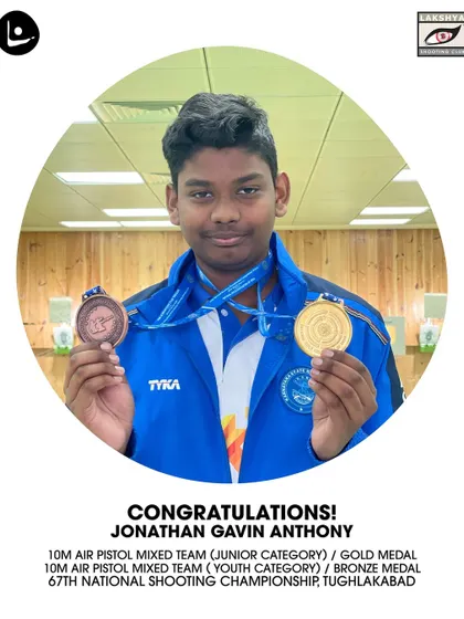 Jonathan Gavin Anthony's outstanding performance at the 67th National Shooting Championship, where he won a gold and a bronze medal in mixed team pistol events.