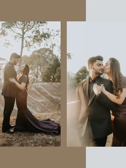 This collage showcases a couple's pre-wedding shoot at a beautiful estate, capturing both a wide shot with the flowing gown and an intimate, romantic kiss.