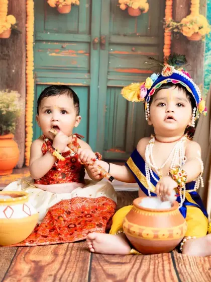 Double the trouble, double the fun! Two adorable babies dressed as Krishna and Radha for a special Janmashtami photoshoot. I love capturing sessions with siblings or friends.