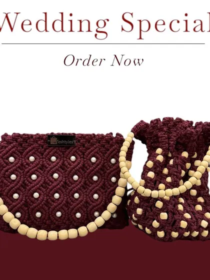Order your wedding special bags now. This clutch and potli combo in rich maroon is perfect for adding elegance to your festive look.