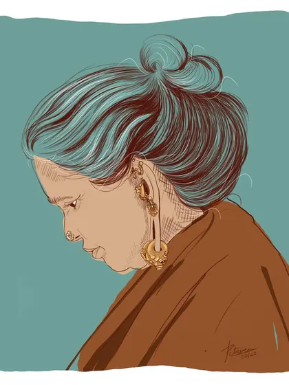 A third color variation of the digital portrait, exploring how different background and hair colors can change the mood of the piece.