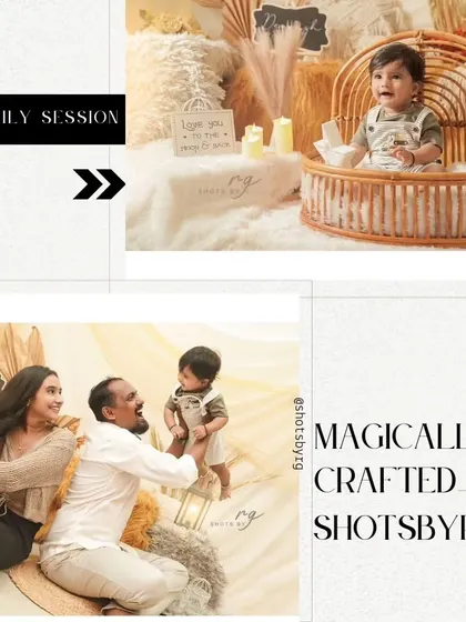 A collage showcasing our dreamy, boho-themed family session. We can create this beautiful setup right in the comfort of your own home.