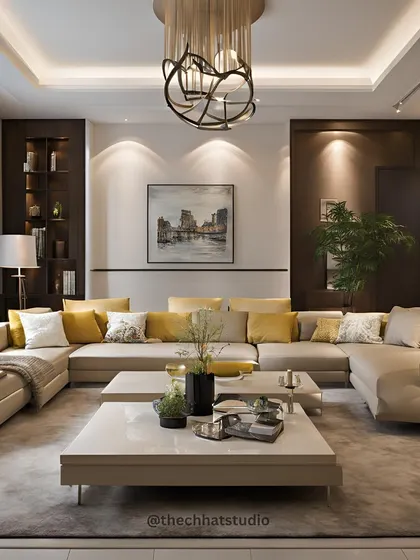 This living room, part of a duplex concept for two brothers in Amritsar, showcases a spacious L-shaped sofa with pops of yellow, creating a vibrant yet sophisticated social area. The design balances comfort with a modern aesthetic, perfect for family gatherings.