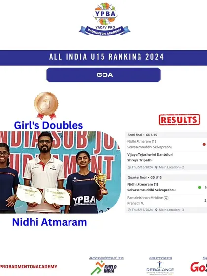 A duplicate poster celebrating Nidhi Atmaram's Bronze medal at the All India U15 Ranking in Goa.