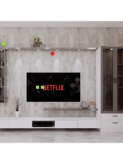 A slightly different configuration of the modern TV unit render, showing our flexibility in customizing designs to fit client needs.