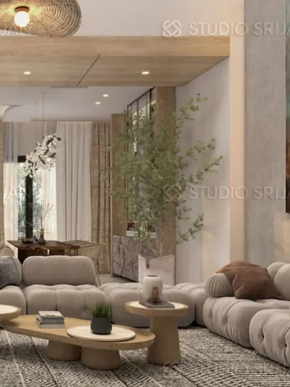 A comfortable and stylish living space in Greenwood City, featuring a plush, modern sofa and natural wood coffee tables.