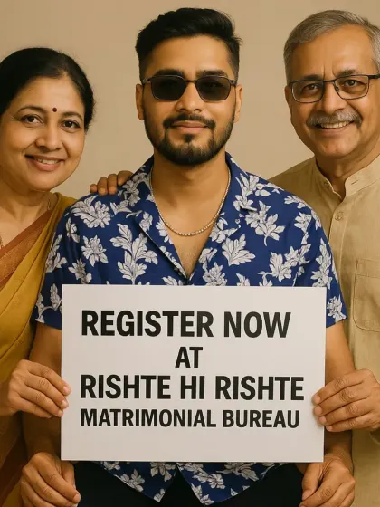 A happy family portrait with their son holding a sign to register with us. This shows how we involve and earn the trust of the entire family in the search for a perfect soulmate.