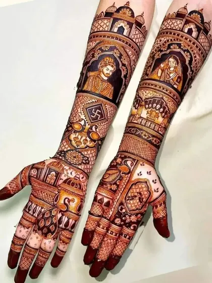 This intricate design features portraits of a Sikh groom and a Hindu bride, along with auspicious symbols like the swastika and peacock, celebrating a union of cultures.