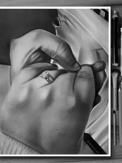 Sometimes, the smallest details tell the biggest story. This A3 graphite sketch focuses on a couple holding hands, highlighting the ring and the gentle grasp to symbolize their bond.