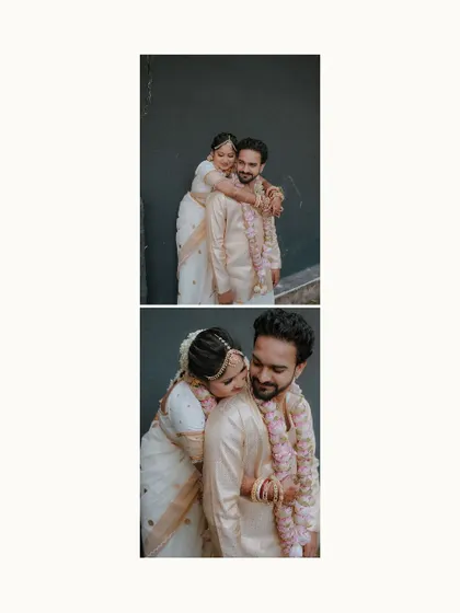 A vertical diptych showing the couple in sweet embraces, capturing the warmth and affection between them.