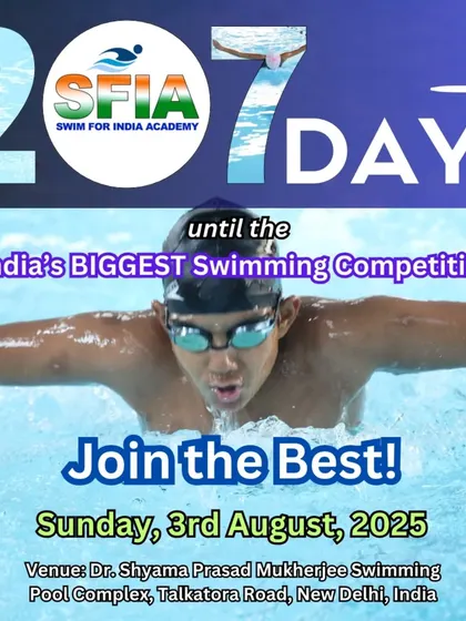 Join the best. A powerful action shot of a swimmer, inviting competitors to the Delhi Open at the Dr. SPM Pool Complex.