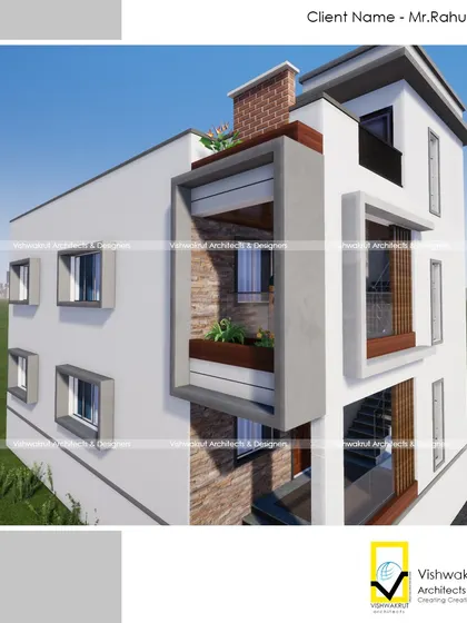 A close-up render of the 'Banda House' facade, focusing on the interplay of materials and the small, integrated planters that add a touch of green to the modern exterior.