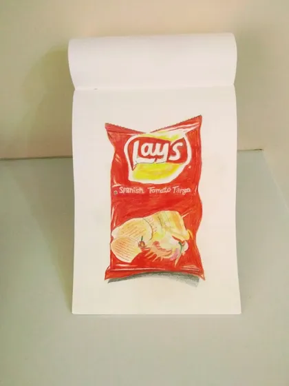 The finished drawing of a bag of Lay's chips, looking just like the real thing.