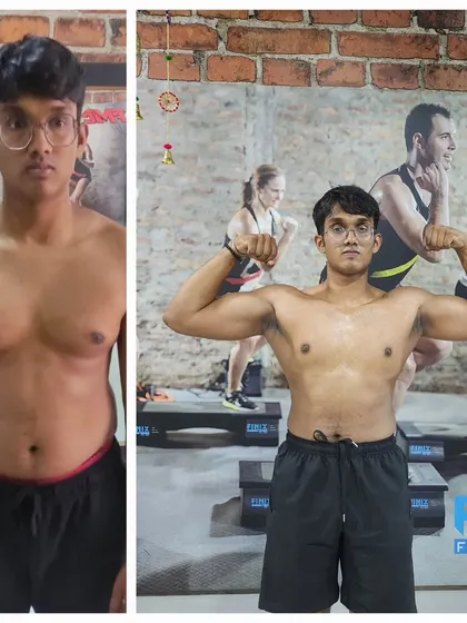 This before-and-after comparison clearly demonstrates the client's journey from a less defined physique to a strong, muscular build with visible abs and chest definition.