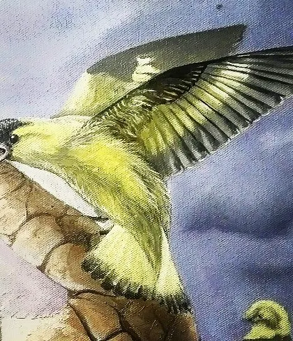 A detail from 'Sapling', showing a goldfinch perched on the cracked, stone-like hand. The bird represents life and freedom, interacting with the rigid structure of old beliefs.