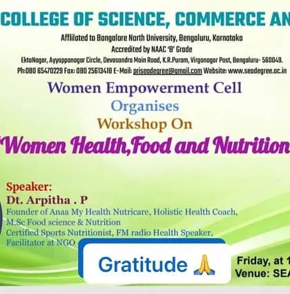 The official banner for the "Women Health, Food and Nutrition" workshop. My session focused on empowering women with knowledge about their bodies and the confidence to prioritize their health.