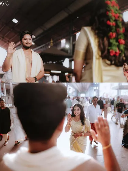 A creative shot showing the first look between the bride and groom from each other's perspective in a temple setting.