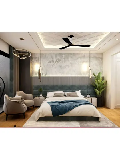 A contemporary bedroom with a textured grey accent wall and a stylish upholstered headboard. The pendant lights and small armchairs create a cozy corner for reading or relaxing.