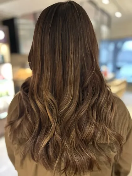 The back view of the auburn-to-beige balayage transformation. The blend is seamless, and the hair looks healthy and vibrant thanks to a K18 treatment.