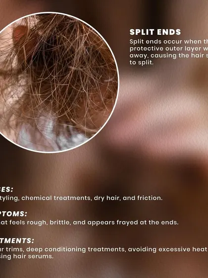 Split ends occur when the hair's protective outer layer wears away. They are often caused by heat styling and chemical treatments, and can be managed with regular trims and deep conditioning.