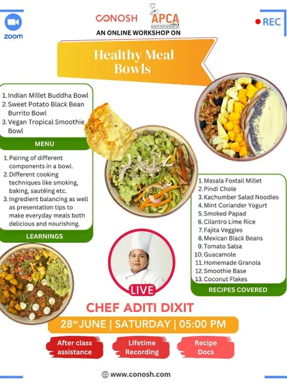 This Healthy Meal Bowls workshop covers a variety of international flavors. I teach you how to make an Indian Millet Buddha Bowl, a Sweet Potato Black Bean Burrito Bowl, and a Vegan Tropical Smoothie Bowl.