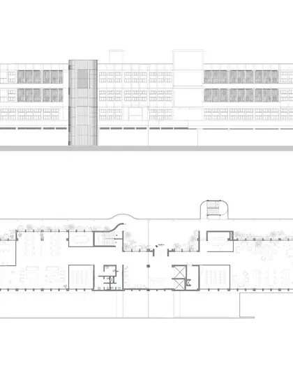 The floor plan and elevation for the RSL Office building. This drawing shows the long, column-free interior spaces and the regular rhythm of the facade, which is designed for optimal natural light and ventilation.