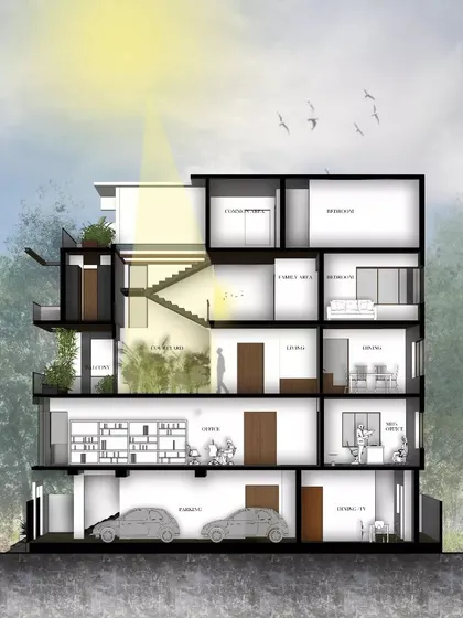 This architectural section drawing illustrates how we plan for natural light. The skylights and double-height volumes are strategically placed to ensure sunlight penetrates deep into the home's various levels.