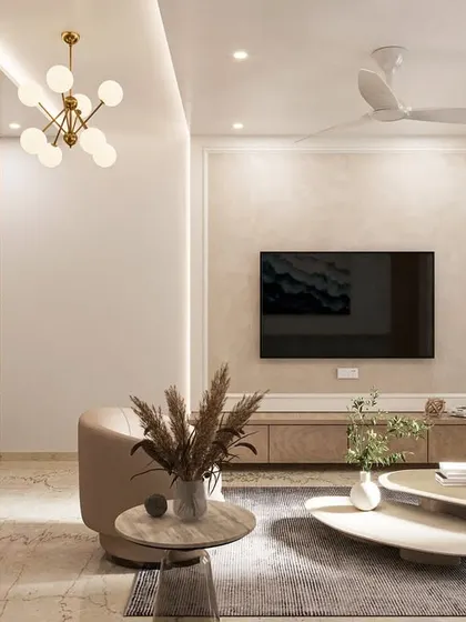 Another angle of the contemporary living room 3D render, highlighting the organic shapes of the coffee tables and the comfortable, modern furniture.