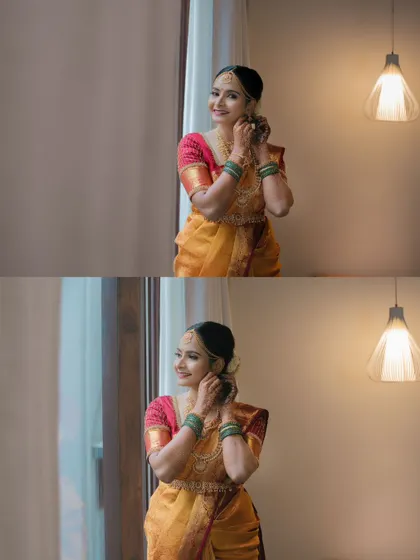 A pair of beautifully lit shots of the bride getting ready by a window, capturing the quiet moments of her transformation.